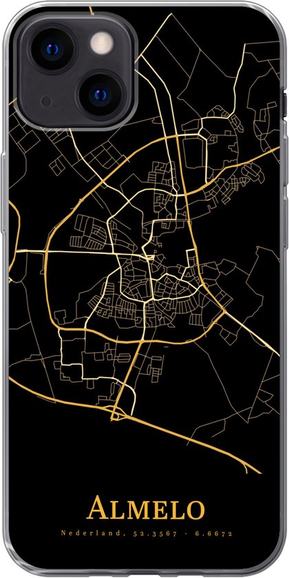 Telefoonhoesje Geschikt voor iPhone 13 hoesje - Almelo - Kaart - Goud - Zwart - Siliconen Telefoonhoesje Telefoonhoesje