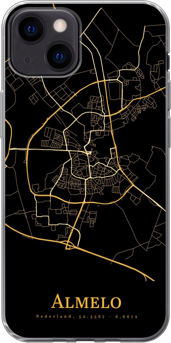 Telefoonhoesje Geschikt voor iPhone 13 hoesje - Almelo - Kaart - Goud - Zwart - Siliconen Telefoonhoesje Telefoonhoesje