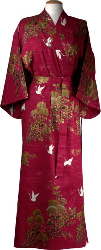 DongDong - Kimono japonais original - Katoen - Motif grue - Rouge - L/XL