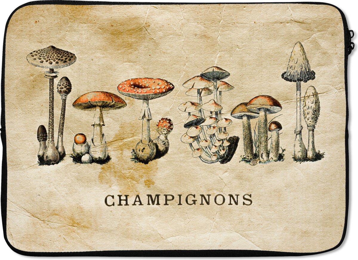 Laptophoes 13 inch - Paddenstoel - Herfst - Vintage - Laptop sleeve - Binnenmaat 32x22,5 cm - Zwarte achterkant