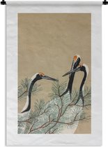 Wandkleed - Wanddoek - Japandi - Kraanvogel - Bladeren - Tak - 90x135 cm - Wandtapijt