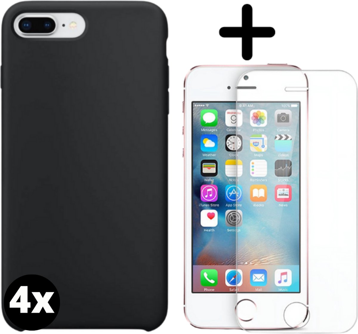 Fooniq Silicone Hoesje Zwart 4x + Screenprotector 4x - Geschikt Voor iPhone 7/8 Plus