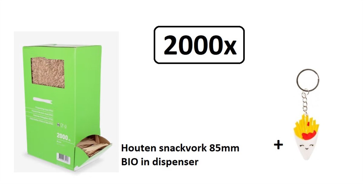 2000x Frietvorkje hout 85mm met Piet Friet sleutelhanger - Patat friet frites bakje snack vorkje festival thema feest party
