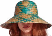zomerhoed dames 40 cm riet bruin/blauw