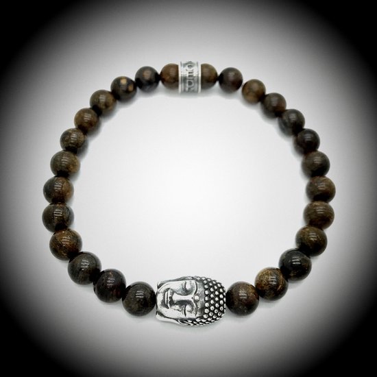 Bracelet en Natuursteen avec breloque bouddha/bouddha en Argent sterling 925 de 13 grammes d' Argent , Bracelets de perles de pierres précieuses faites à la main avec des perles de 8 mm (bronzite brune).