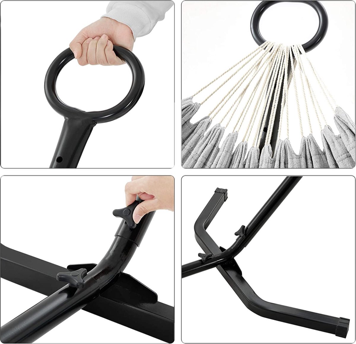 SONGMICS Hangmat met frame, 210 x 150 cm, verstelbaar in 5 verschillende hoogtes, metalen frame, belastbaar tot 240 kg, voor tuin, zwart frame en beige hangmat GHS001M01