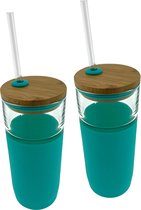 Drinkglas Met Rietje En Deksel – 19 x 8 x 8 cm - 600ml – Mint - 2 Stuks