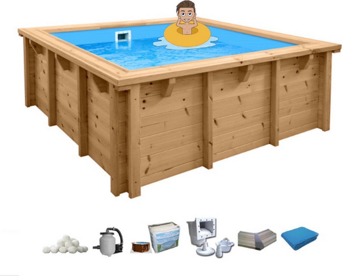 Interline Houten Zwembad Bali - Vierkant - 210 x 210 x 78 cm - Opbouw en Inbouw Zwembad - Inclusief accessoires