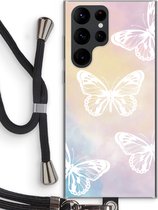 Case Company® - Samsung Galaxy S22 Ultra hoesje met Koord - White butterfly - Telefoonhoesje met Zwart Koord - Bescherming aan alle Kanten en Over de Schermrand