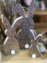 Decoratieve konijntjes Met led - Glitters Paas decoratie - konijntjes met led staartje - Hoogte 24 cm / 18cm / 12cm - set van 3 stuks