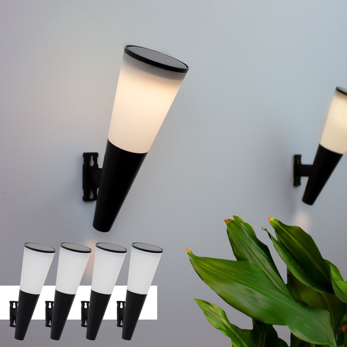 Solar wandlamp 'Torch' - Voordeelset van 4 stuks - Buitenlamp op zonne-energie - Moderne wandlamp voor de schutting of gevel - Zwart
