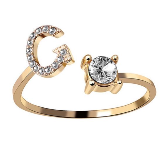 Ring Met Letter - Ring Met Steen - Letter Ring - Ring Letter - Initial Ring - (Zilver 925) Gold-Plated Letter G - Cadeautje voor haar