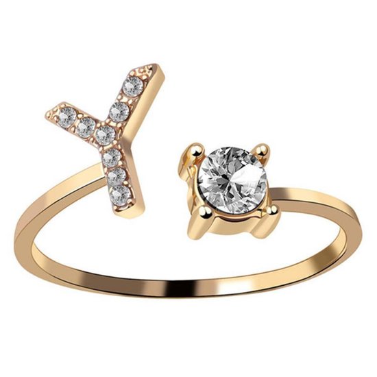 Ring Met Letter - Ring Met Steen - Letter Ring - Ring Letter - Initial Ring - (Zilver 925) Gold-Plated Letter Y - Cadeautje voor haar