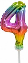cijferballon 4 taarttopper 13 cm folie regenboog