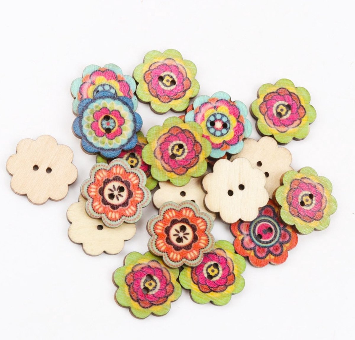 50 Houten bloem knopen - 20mm - DIY - mix bloemen diverse kleuren - decoratie knoop - scrapbooking
