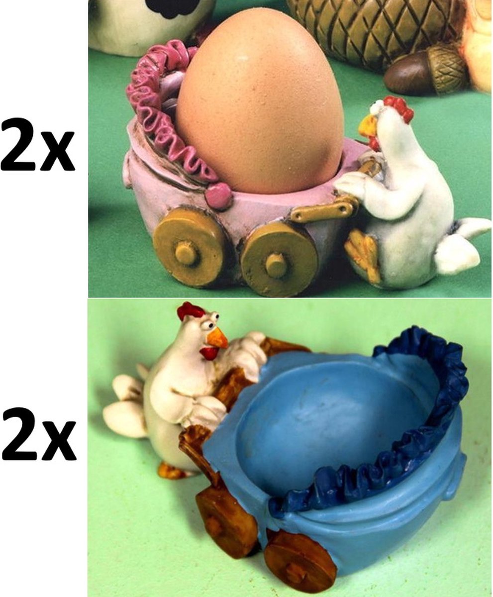 Paolo - Chiari - Eierdopjes - setje van 4 kippen - 2 rose - 2 blauw - met kinderwagen - Pasen - Geboorte - kraamcadeau