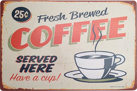 Signs-USA - Retro wandbord - metaal - Coffee Served Here - 20 x 30 cm