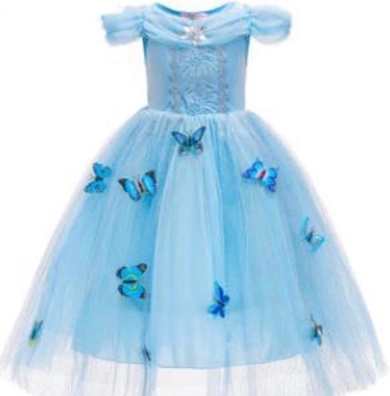 Prinsessen jurk blauw met vlinders  maat  134/146