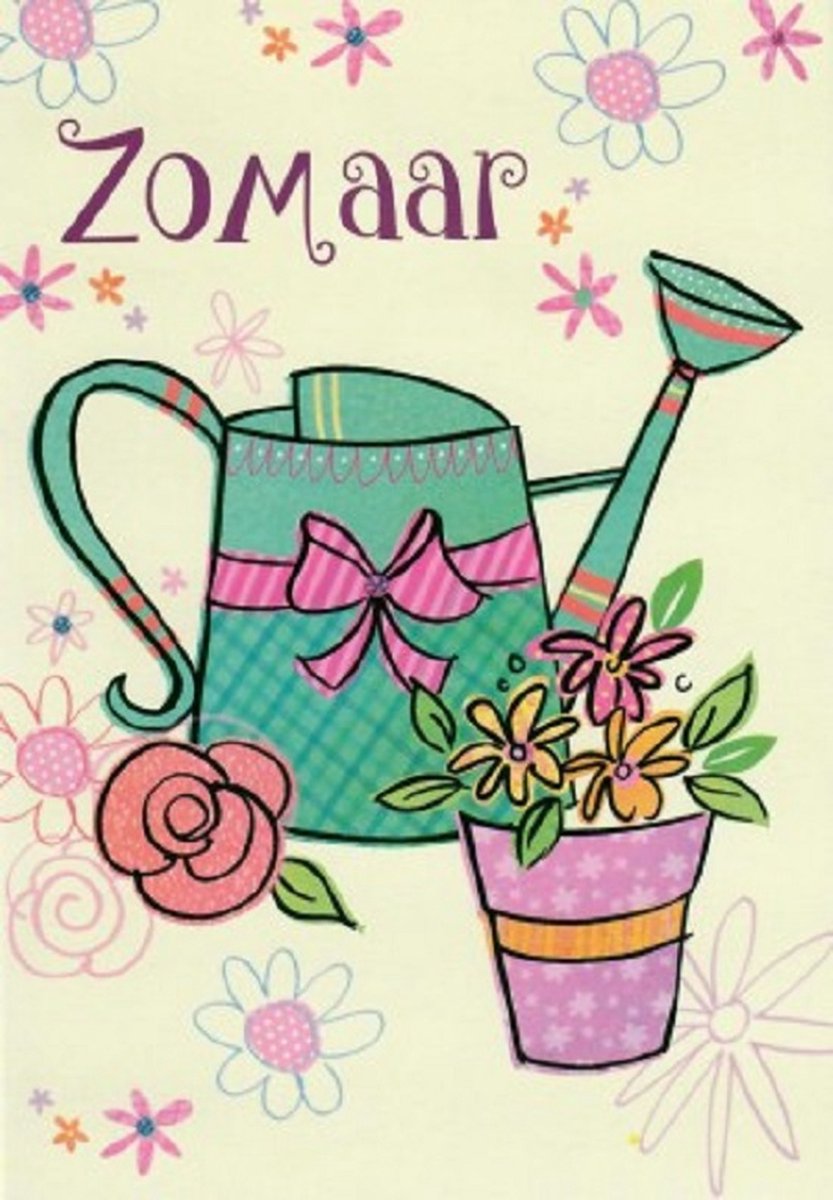 Zomaar! Een kleurrijke kaart met een sfeervolle gieter en bloemetjes. Zo te zien hebben de bloemen net water gehad, want ze staan er nog heel goed bij. Een dubbele wenskaart inclusief envelop en in folie verpakt.