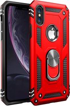 Apple iPhone X/XS Rood Shockproof Militairy Hybrid Armour Case Hoesje Met Kickstand Ring - Apple iPhone X/XS - Extreem Stevige Anti-Shock Hard Rugged Cover Bumper Hoes Met Magnetische Ringhouder - Stevige Shock Proof Backcover - Zwart