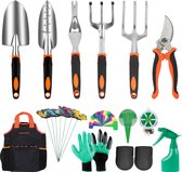 RVS - Tuingereedschapset - Handschoenen - Bonsaischop - Harkcultivator - Wiedergereedschap - Met Gereedschapstas - Oranje - 14-delige set