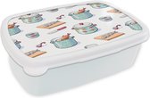 Broodtrommel Wit - Lunchbox - Brooddoos - Patronen - Koken - Eten - Vis - Pan - 18x12x6 cm - Volwassenen