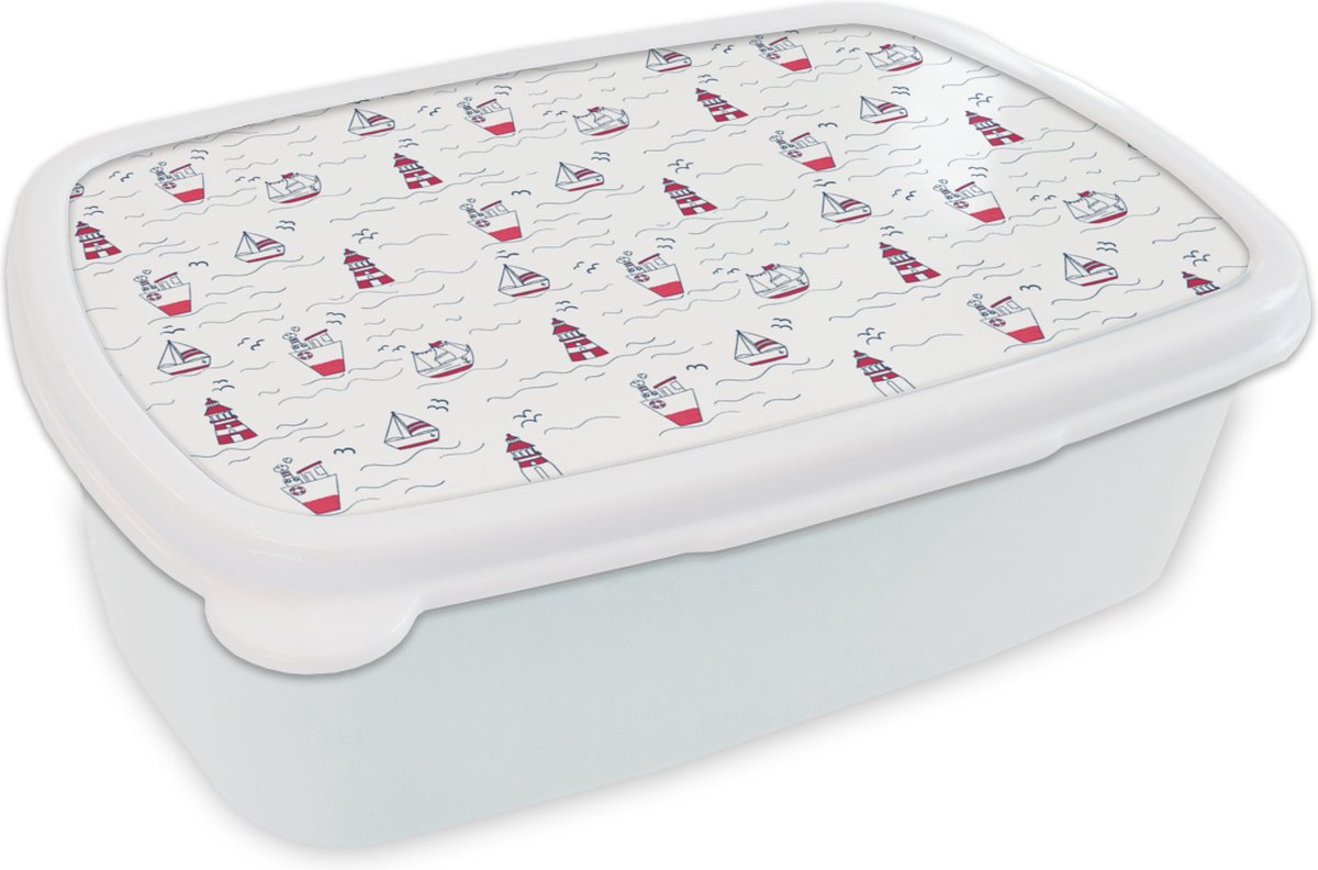 Broodtrommel Wit - Lunchbox - Brooddoos - Schepen - Vuurtoren - Patronen - 18x12x6 cm - Volwassenen