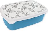 Broodtrommel Blauw - Lunchbox - Brooddoos - Vlinders - Patronen - Zwart Wit - 18x12x6 cm - Kinderen - Jongen