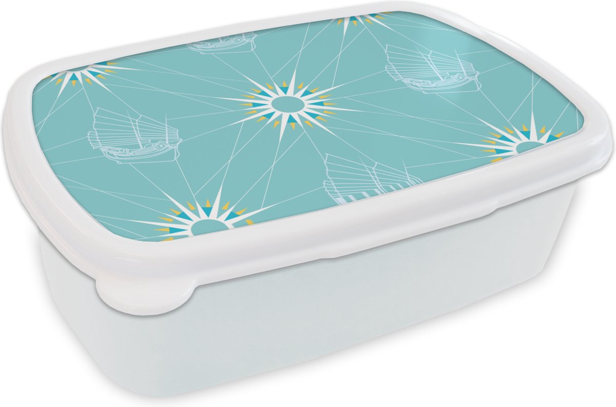 Broodtrommel Wit - Lunchbox - Brooddoos - Kompas - Zeilen - Boot - Patronen - 18x12x6 cm - Volwassenen