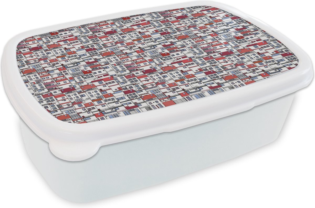 Broodtrommel Wit - Lunchbox - Brooddoos - Stad - Patroon - Huizen - 18x12x6 cm - Volwassenen