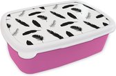 Broodtrommel Roze - Lunchbox - Brooddoos - Veren - Zwart Wit - Patroon - 18x12x6 cm - Kinderen - Meisje
