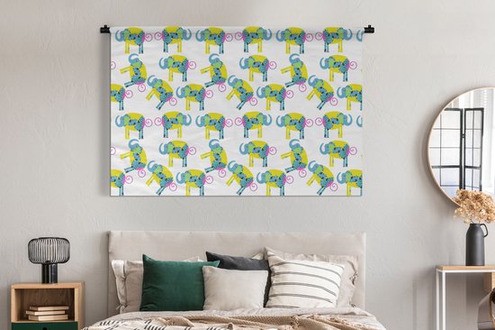 Wandkleed - Wanddoek - Olifant - Geel - Ornament - Patronen - 180x120 cm - Wandtapijt