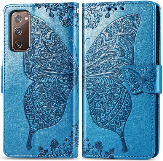 Étui de téléphone bleu ouvert, montrant un papillon en relief avec des fleurs.