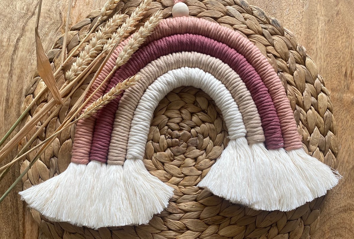 Regenboog Macrame Wanddecoratie - Muurdecoratie - Wandhanger - Babykamer - Kinderkamer Meisje , Decoratie Kinderkamer Meisje - Baby Kamer Accessoires Meisje,Macramey regenboog - Macramey -ecru - lichtbruin - oudroos -poederroos - rainbow -
