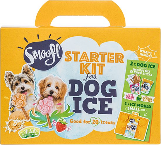 Smoofl honden lekkernij - Starter Kit S om je eigen honden ijs te maken, Kit met 2 ijsmixen voor honden, Pindakaas en Aardbei smaak, een pootvormige Silicone Vorm - voor 5 hondenijsjes