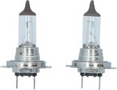 Twee H7 halogeenlampen met een metalen voet en glazen behuizing, klaar voor installatie.