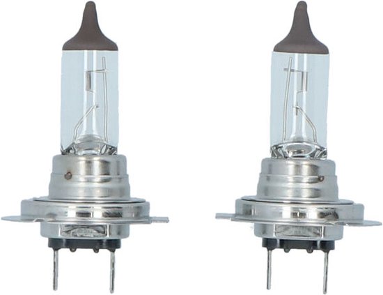 Twee H7 halogeenlampen met een metalen voet en glazen behuizing, klaar voor installatie.