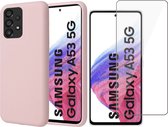 Hoesje geschikt voor Samsung Galaxy A53 - Matte Back Cover Microvezel Siliconen Case Hoes Roze - Tempered Glass Screenprotector