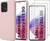 Hoesje geschikt voor Samsung Galaxy A53 - Matte Back Cover Microvezel Siliconen Case Hoes Roze - 2x Tempered Glass Screenprotector
