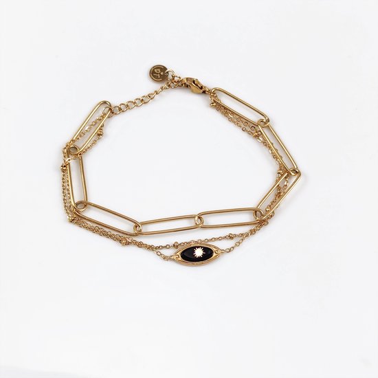 Dottilove Dames Armband 3 Lagen - Zwarte Natuursteen - Geelgoudkleurig Vergulde - Schakelsarmband