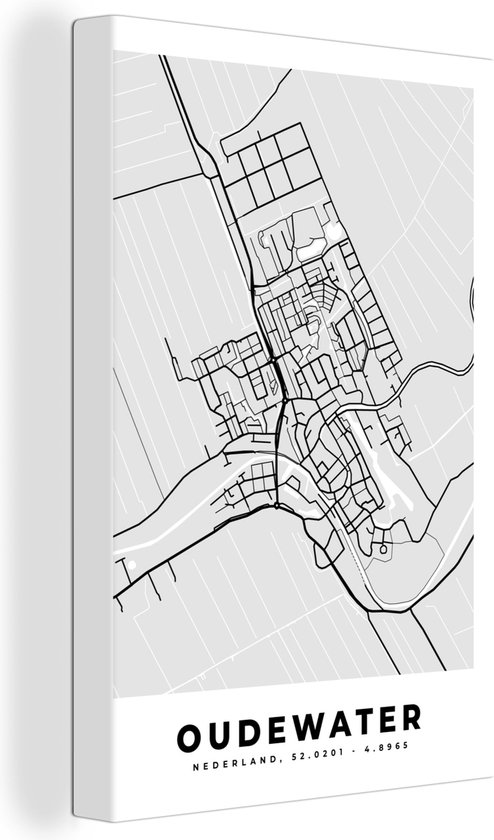 Canvas Schilderij Oudewater - Plattegrond - Kaart - Nederland - Stadskaart - Zwart Wit - 20x30 cm - Wanddecoratie