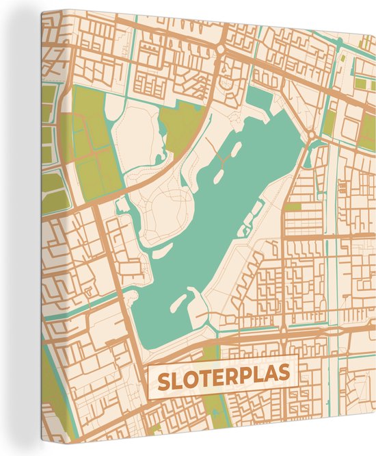 Canvas Schilderij Sloterplas - Retro - Plattegrond - Kaart - Stadskaart - 90x90 cm - Wanddecoratie