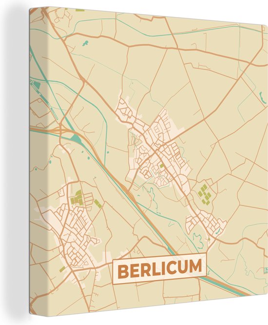 Peinture sur toile Berlicum - Vintage - Plan de ville - Plan d'étage - Carte - 20x20 cm - Décoration murale