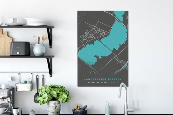 Canvas Schilderij Stadskaart - Water - Plattegrond - Langeraarse Plassen - Nederland - Kaart - 60x90 cm - Wanddecoratie