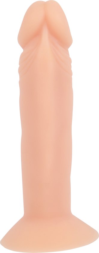 Beige dildo met gerimpelde schacht, afgeronde punt en platte basis.