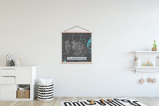 Posterhanger incl. Poster 60x60 cm - Schoolplaat - Valkenswaard - Blauw - Plattegrond - Kaart - Stadskaart - Textielposter - Blanke latten - Plattegrond