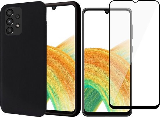Coque Samsung Galaxy A33 - Coque arrière mate en Siliconen microfibre Zwart - Protecteur d'écran en Tempered Glass trempé