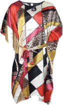 Dames kaftan/tuniek satijn onesize 38-48 rood/bruin/geel