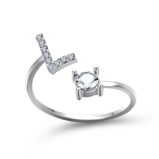 Ring met letter L - Ring met steen - Aanschuifring - Zilver kleurig - Ring Zilver dames - Cadeau voor vriendin - Vrouw - Sieraad meisje - Mooie ring tieners - Alfabet ring L - Ring met initiaal