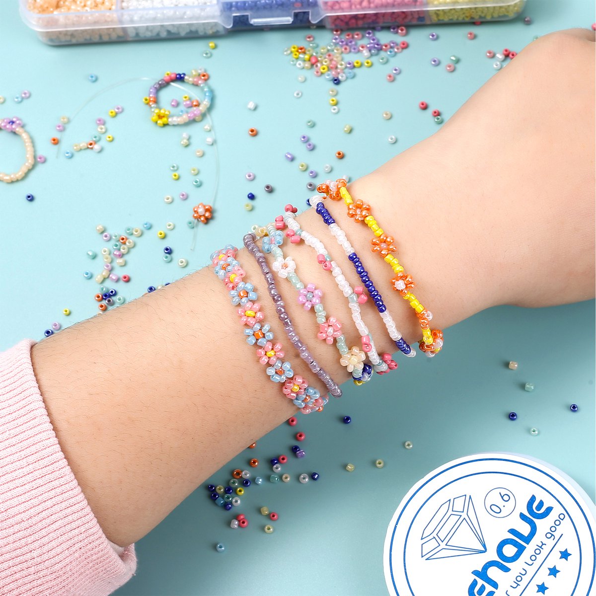 Behave 15000 Glaskralen Set - DIY Sieraden maken - Kralen Set - Rocailles - Rijgdraad - 15 Pastel Kleuren - 2mm — afbeelding 4